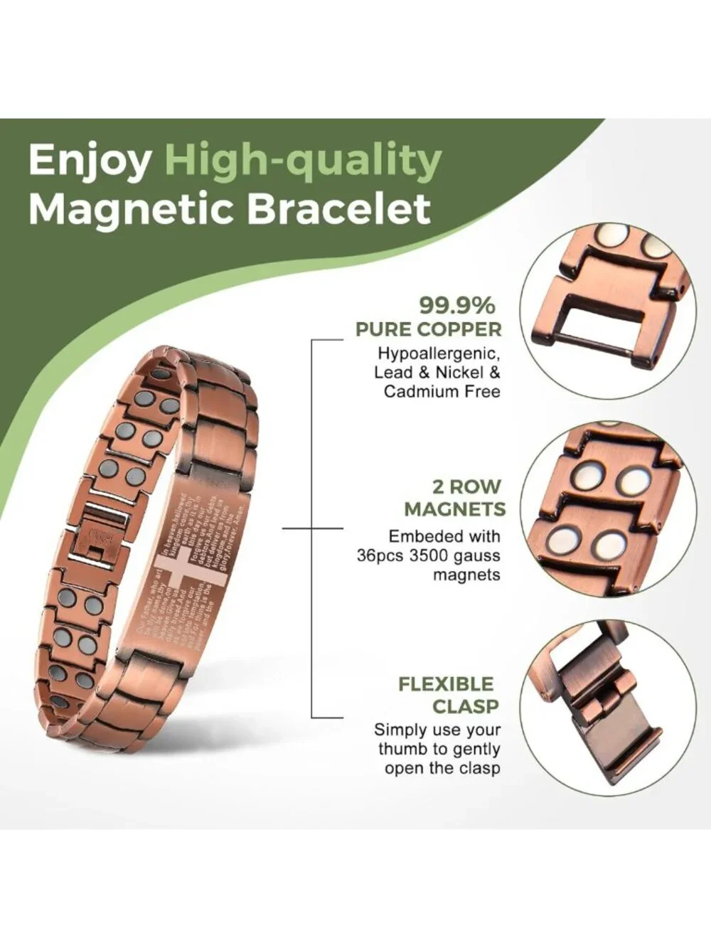 Men's Magnetic Copper Bracelet with Cross Design | Adjustable, 99.9% Pure